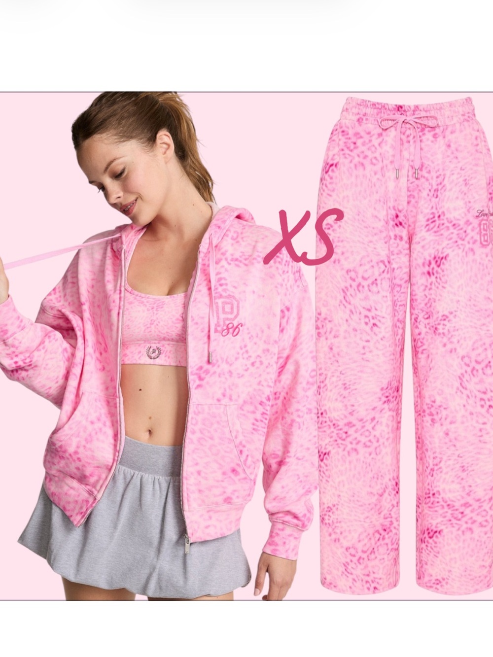 XSMALL PINK LEOPARD FULL-ZIP HOODIE & WIDE-LEG SPLIT HEM SWEATPANTS